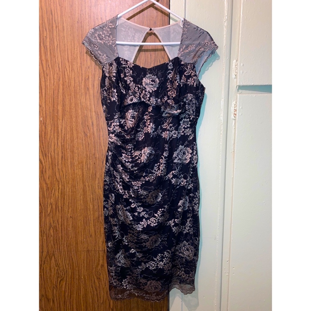 Lauren Ralph Lauren Beige & Black Floral Mesh Lace Dress Size 12 Green Label